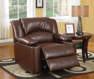 Home Theater Chair Brown Leather Power Recline 2 Cup Holders Media