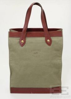 Hermes Olive Green Canvas & Maroon Togo Leather Vertical Shopper Tote