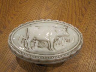 LATE 1800S ANTIQUE MILK GLASS GRAZING COW OVAL BUTTER DISH