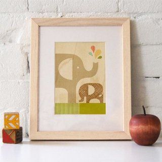 Petit Collage Print on Wood   Elephant w/ Calf   11 x 14
