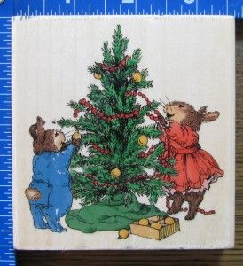 Holly Pond Hill Rubber Stamp Decorating Christmas Tree Bunnies x RARE