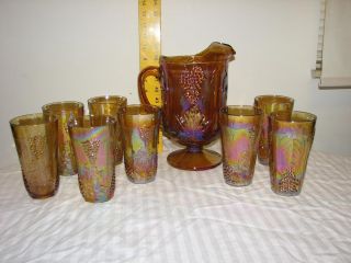 Imperial Glass Carnival Marigold Grapes Pattern Pitcher Tumbler Set