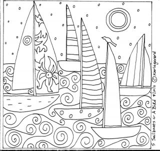 Rug Hook Paper Pattern 5 Sailboats A Bird Folk Art Abstract Primitive