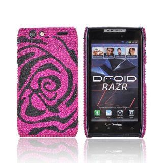 For Motorola Droid RAZR Bling Hot Pink Black Rose Gems