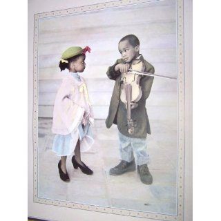 Large Lovely African American Boy Violinist & Girl Art
