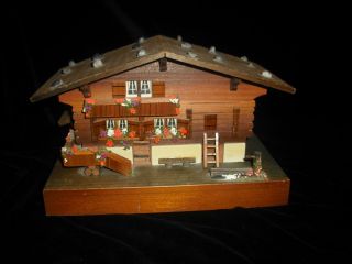 1960s Wooden House Music Box WOOD CABIN CHALET SWISS MUSIC JEWELRY BOX