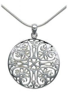 Sterling Silver Heart Pattern Filigree Round Circle Pendant Necklace