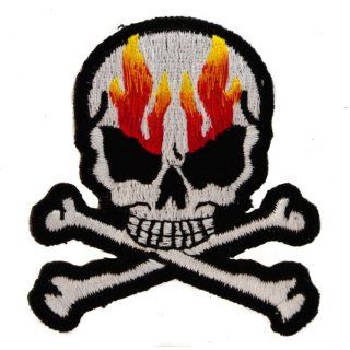 FLAMING SKULL CROSSBONES 3 inch Iron or Sew on BIKER Patch