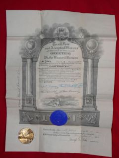 Master Mason Certificate Howard R Lee St Johns Ct 1927