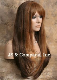 Human Hair Blend Long Straight Auburn Blonde Brown Wig