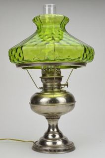Rayo Antique Nickel Hurricane Lamp with Green Art Glass Lamp Shade