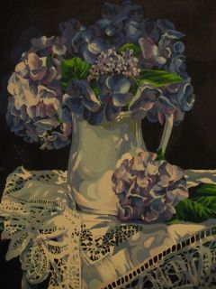 Paint by Number Hydrangea Flowers in Pitcher With Lace Tablecloth Blue
