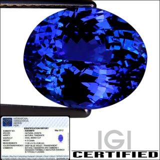 IGI Certified 4 13 ct AAAA Natural DBlock Tanzanite Oval Cut Deep Blue