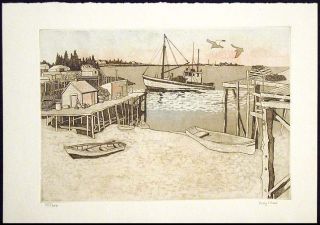 Polly Chase, Signed Original Art Aquatint Etching boats harbor scene
