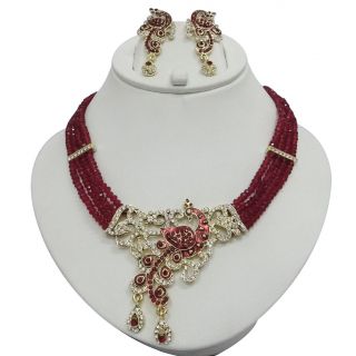 Traditional Red Beaded Peacock Design Jewelry Indian Necklace Earring
