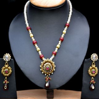 IKJ551 Pendant Indian Bollywood Jewelry Polki Design Faux Pearls New