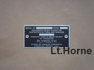 Plymouth Data Plate Evansville Indiana 1936 1937 1938 1939 1940 1941