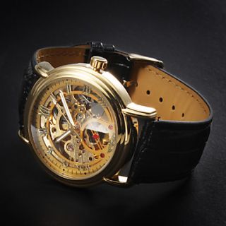 USD $ 17.49   Mens PU Analog Mechanical Casual Watch (Gold),