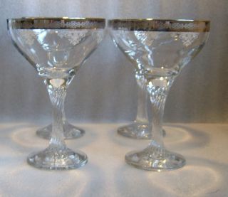 Italian Etched Crystal Wine or Champagne Glasses Swirled Stems