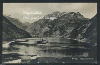 Norway Geirangerfjord RPPC 1928 View of Harbor Steam SHIP by Mittet Co