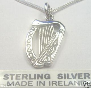 Sterling Silver Celtic Harp Necklace Pendant Irish Made Music Chain