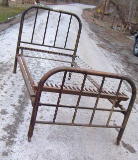 ANTIQUE IRON METAL TWIN BED WITH ORIGINAL SIDE RAILS AND BOX SPRINGS