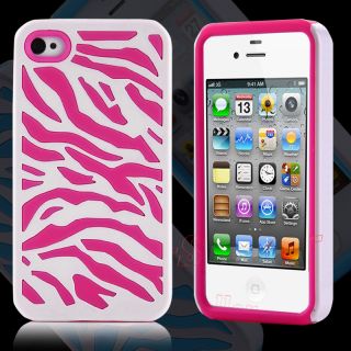 Pen Hot Pink Rugged Rubber Zebra Hard Case Cover for iPhone 4G 4S