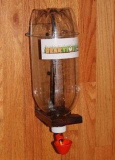 Liter Bottle Hanging Chicken Cup Waterer on Wood Stand Automatic