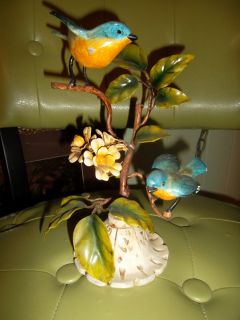 vintage Italian tole toleware bird planter roses centerpiece gold gilt