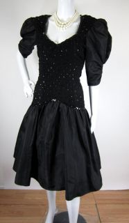Vintage 1980s Black Sequin Keyhole Back Bow Punk Prom Party Dress s M
