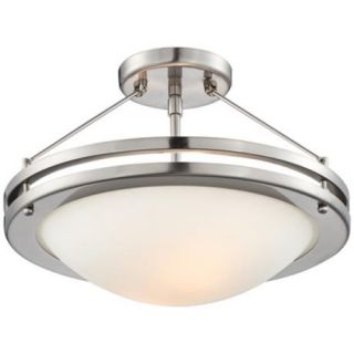 Brushed nickel finish. Frosted glass shade. Takes two 100 watt bulbs