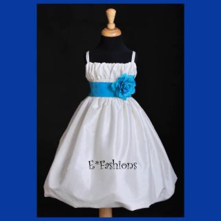 Ivory Turquoise Blue Satin Flower Girl Dress 2 4 6 8 10