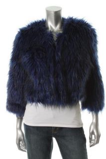 Inc New Blue Chubby Faux Fur 3 4 Sleeves Hook Closure Lined Crop