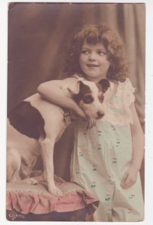  Vintage Cute Edwardian Girl w Jack Russel Dog Photo Postcard
