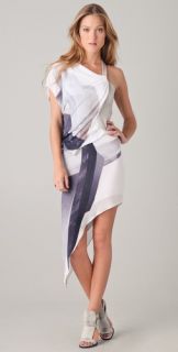 Helmut Lang Asymmetrical Print Dress with Leather Bodice