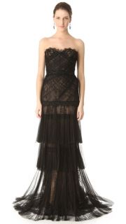 Marchesa Pleated Mesh Lace Gown