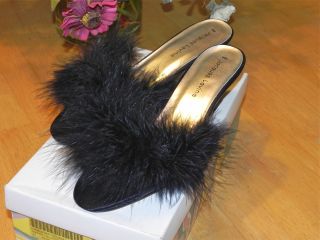 Sexy Jacques Levine Black Satin Marabou Feather Honeymoon Slippers 9M