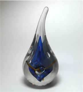  Art Glass Lead Paperweight Adam Jablonski Tear Drop Blue Smoke