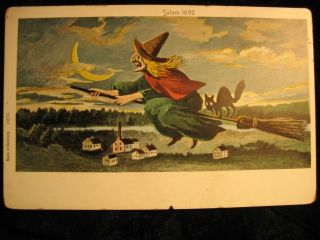 Postcard Halloween Salem MA Witch Black Cat Germany