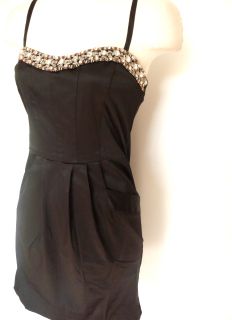 Black Jewel Beaded Rhinestone Satin Pocket Mini Dress L