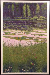 Gordon Mortensen Evening Pond Signed Artwork Waterlilies Woodcut