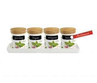  Porcelain & Bamboo Herb Jars Storage Spice Italian Kitchen Gift Set