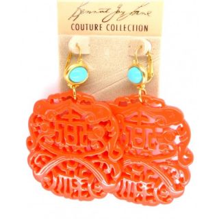 Kenneth Jay Lane KJL Carved Oriental Resin Coral Chandelier Earrings