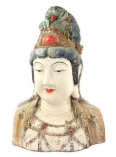 Antique Chinese Painted Wooden Buddha Head Sculpture