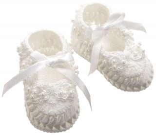 Jefferies Socks White Ribbon Hand Crocheted Baby Booties Crib Shoes