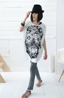 T960 Funky Floral Skull Icon Top T Shirt White Black
