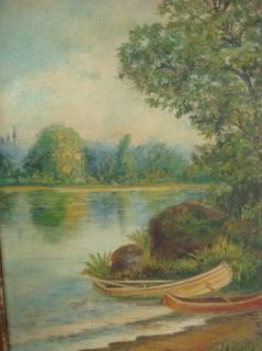 Jerome Antique Landscape Oil Painting Lake Boats