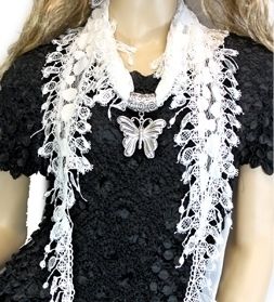 White Sunflower Lace Jewelry Scarf with Your Choice of 3 Pendant