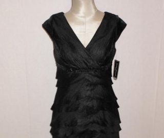 Jessica Howard Black Hammered Satin Beaded Tiered Cocktail Dress 12P