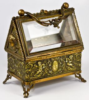 Antique French Figural Gothic Jewelry Box Case 2 Hinged Doors Mascaron